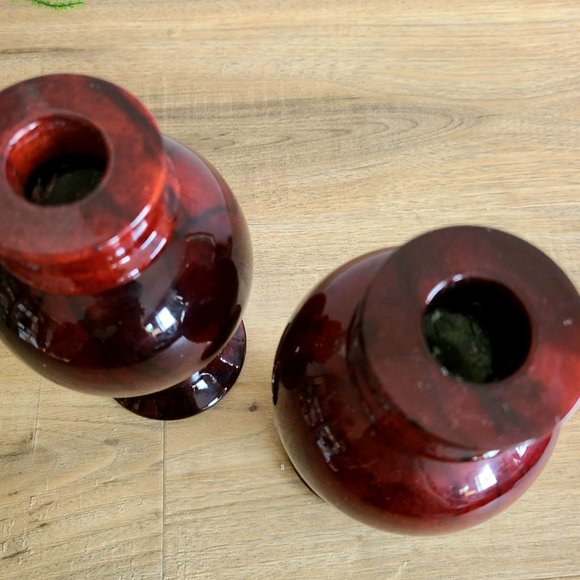 Set of 2 marble dark red burgundy color candleholders. Made in Italy. - Picture 4 of 9